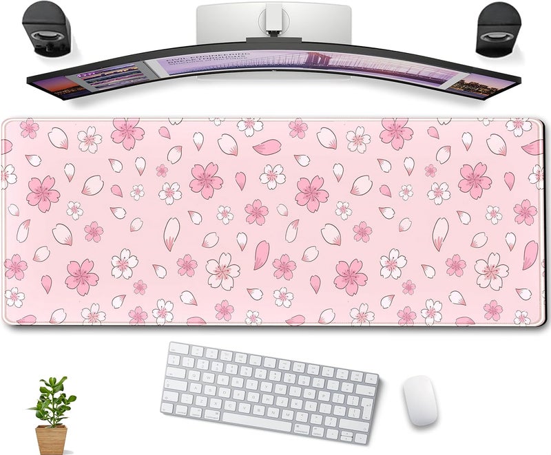 DCJJM Cherry Blossom Mouse Pad Kawaii Pink XL Large Extended Gaming Desk Mat Cute Pastel Anime Desk Pad Aesthetics Laptop Keyboard Mouse Mat Women Office Decor Mousepad with Stitched Edges 31.5''x11.8'' - Image 1