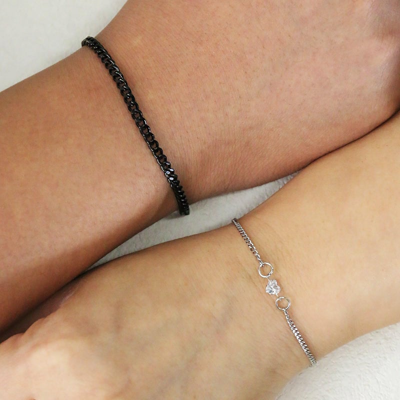 ANGLEQUEEN Promise Couple Bracelets for Women Men Permanent Bracelets for Couples Soulmate Distance Relationship Bracelet Stainless steel Matching Bracelets Locked Bracelet Heart Rhinestone Gold Silver Cuban Chain (D-Silver) - Image 2