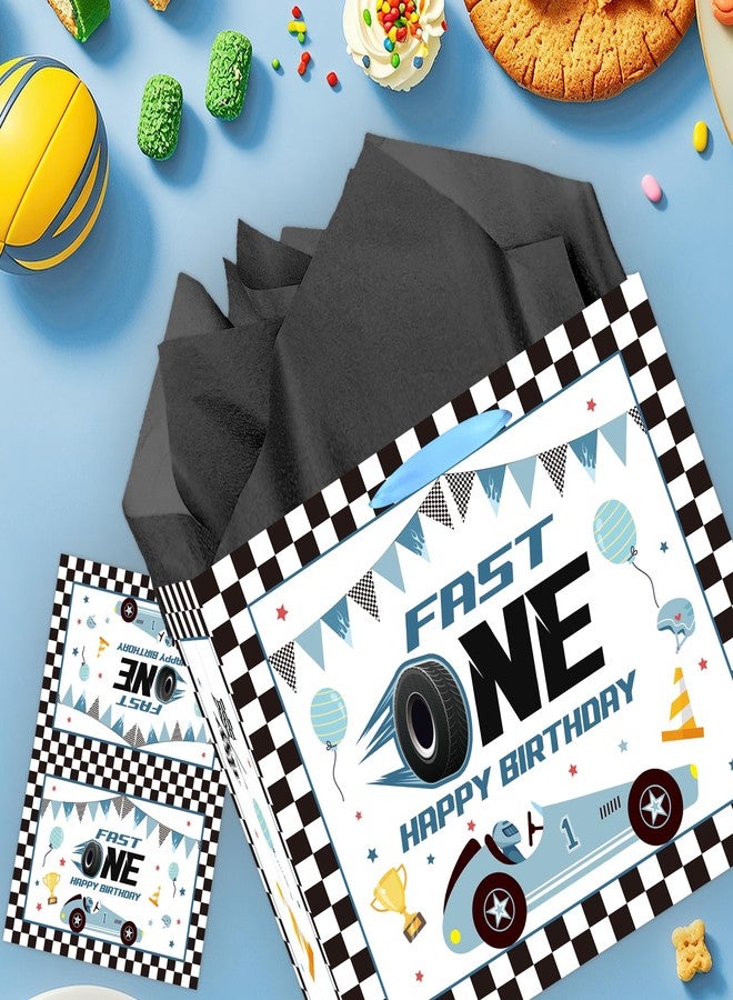 EoBeCy Fast One 1st Birthday Gift Bags with Handles, Tissue Paper and Greeting Card, Blue Race Car Wrapping Paper for Boys Baby Shower First Birthday Party Decorations Supplies - Image 2