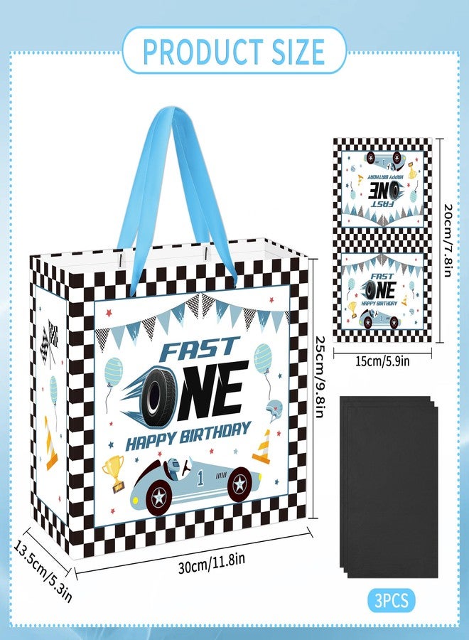 EoBeCy Fast One 1st Birthday Gift Bags with Handles, Tissue Paper and Greeting Card, Blue Race Car Wrapping Paper for Boys Baby Shower First Birthday Party Decorations Supplies - Image 3