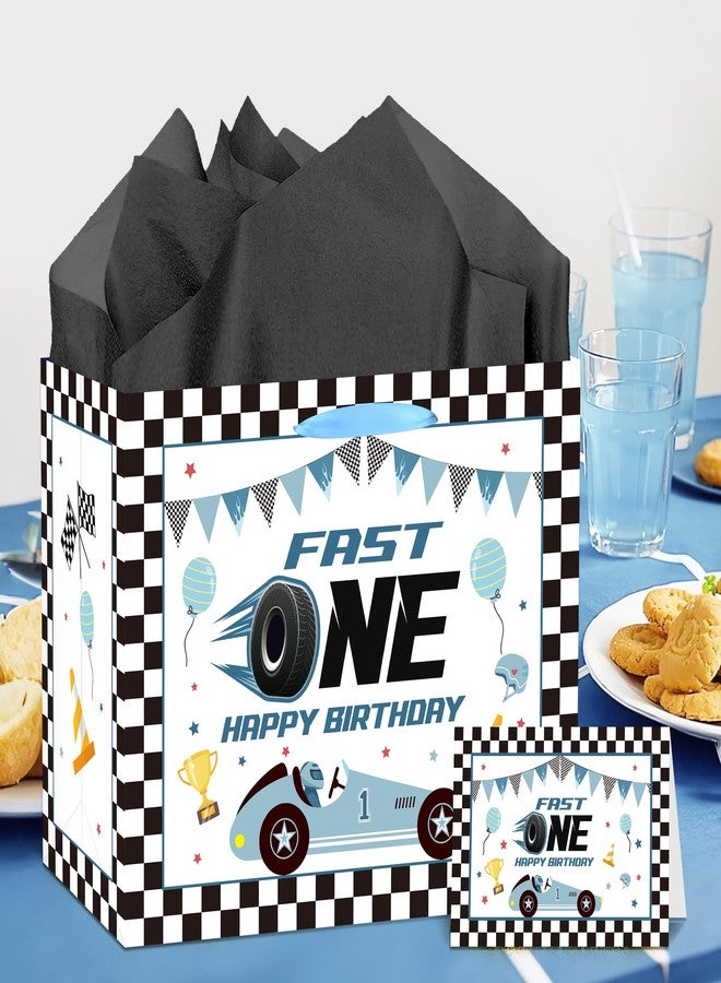 EoBeCy Fast One 1st Birthday Gift Bags with Handles, Tissue Paper and Greeting Card, Blue Race Car Wrapping Paper for Boys Baby Shower First Birthday Party Decorations Supplies - Image 5