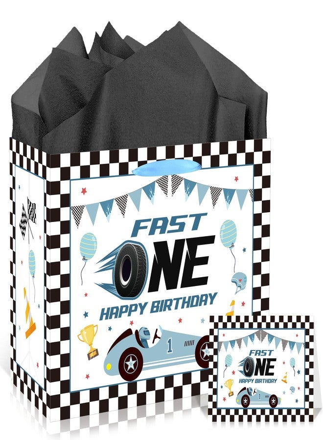 EoBeCy Fast One 1st Birthday Gift Bags with Handles, Tissue Paper and Greeting Card, Blue Race Car Wrapping Paper for Boys Baby Shower First Birthday Party Decorations Supplies - Image 1