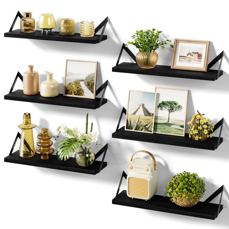 SRIWATANA Floating Shelves for Wall Decor Wood Wall Shelves for Bathroom Bedroom Kitchen Living Room Set of 6 Weathered Black