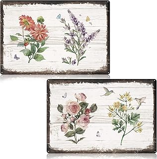 Loopeer Loopeer 2 Pcs Vintage Flower Metal Tin Signs Vintage Rose Botanical Wall Decor Rustic Country Farmhouse Bathroom Metal  - Image 1