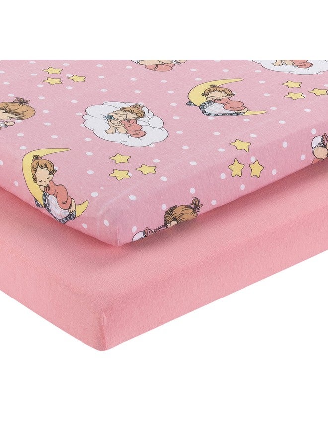 EVERYDAY KIDS 2 Pack n Play Mattress Sheets - 100% Jersey Knit Cotton Soft Portable Crib Mattress Sheet for Girls with Pink and Yellow Precious Moments Design; 2 Pk Playpen Mattress or Mini Crib Fitted Sheet Set - Image 1