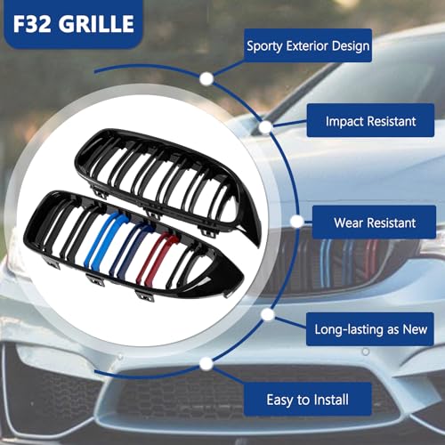 DEKEWEI F32 Grille,Front Kidney Grille Grill Compatible for 4 Series F32 F33 F36 (2014-2019) M3 F80 M4 F82 (2015-2019) (Double Slats Gloss M Color Grills, 2pcs) - Image 3