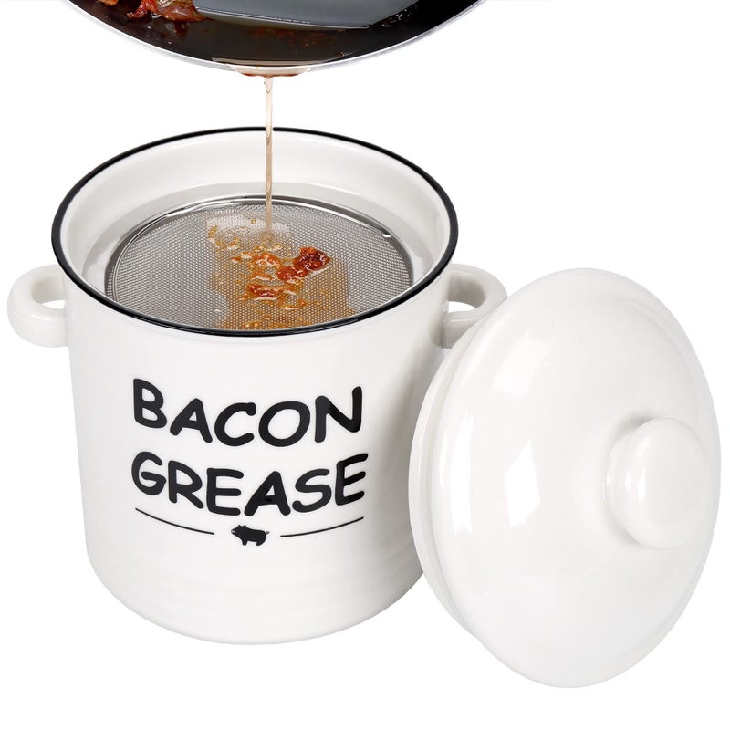 Ceramic Bacon Grease Container with Strainer  600ml  20oz Farmhouse Bacon Grease Keeper with EasyGrip Handle Bacon Fat Can for Grease Drippings and Storage  Creamywhite