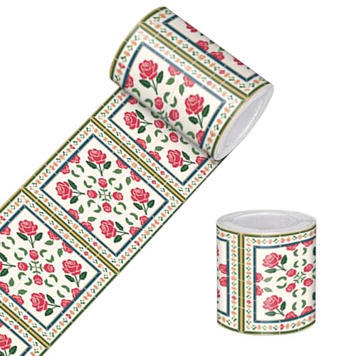 HOMETITUTE Wallpaper Border Peel and Stick Vintage Tile Texture Decorative Wall Trim Self Adhesive Border for Walls Mirror Frame Accent Strip for Bedroom Bathroom Kitchen Living Room 4x196 Inch - Image 1