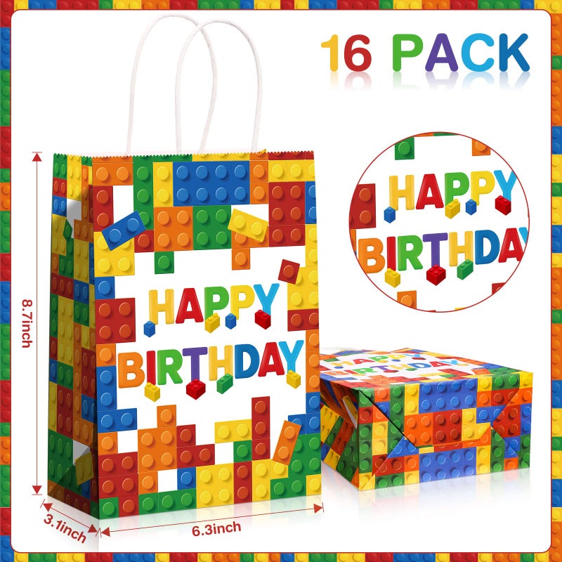 Marspark 16 Pcs Building Block Party Present Bags Color Bricks Theme Treat Kraft Paper Goodie Favor Bag with Handle for Birthday Baby Shower Building Block Party Supplies Decorations(White Background) - Image 2
