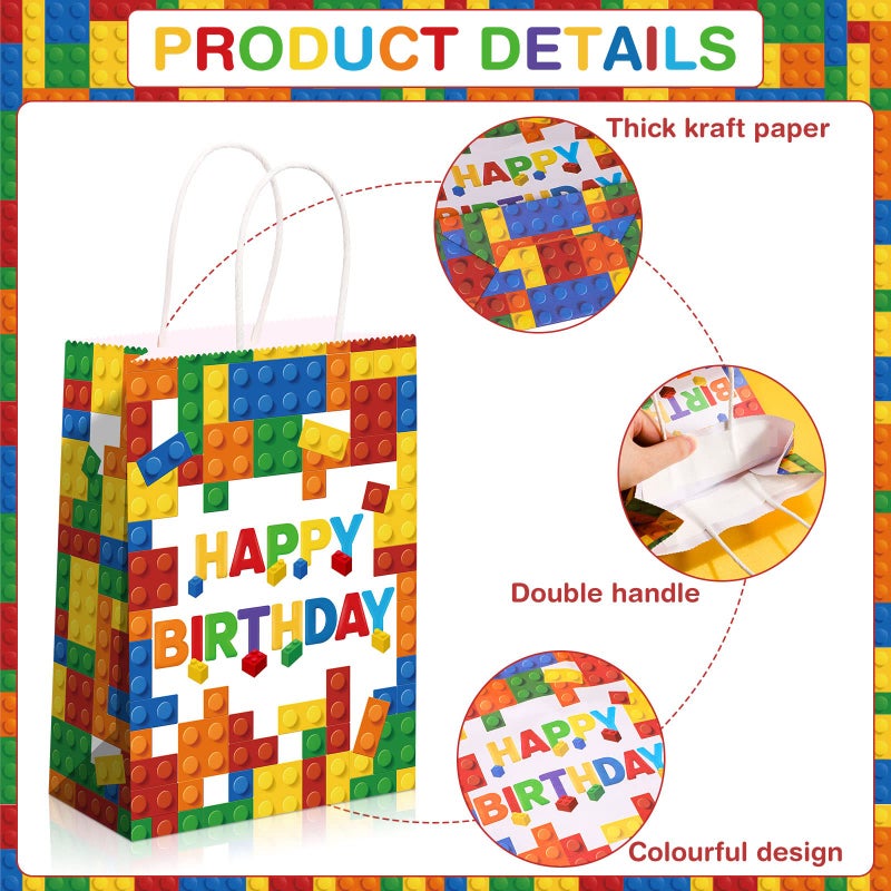 Marspark 16 Pcs Building Block Party Present Bags Color Bricks Theme Treat Kraft Paper Goodie Favor Bag with Handle for Birthday Baby Shower Building Block Party Supplies Decorations(White Background) - Image 3