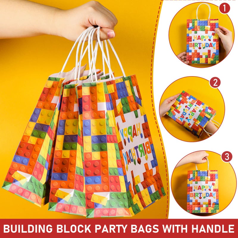 Marspark 16 Pcs Building Block Party Present Bags Color Bricks Theme Treat Kraft Paper Goodie Favor Bag with Handle for Birthday Baby Shower Building Block Party Supplies Decorations(White Background) - Image 4
