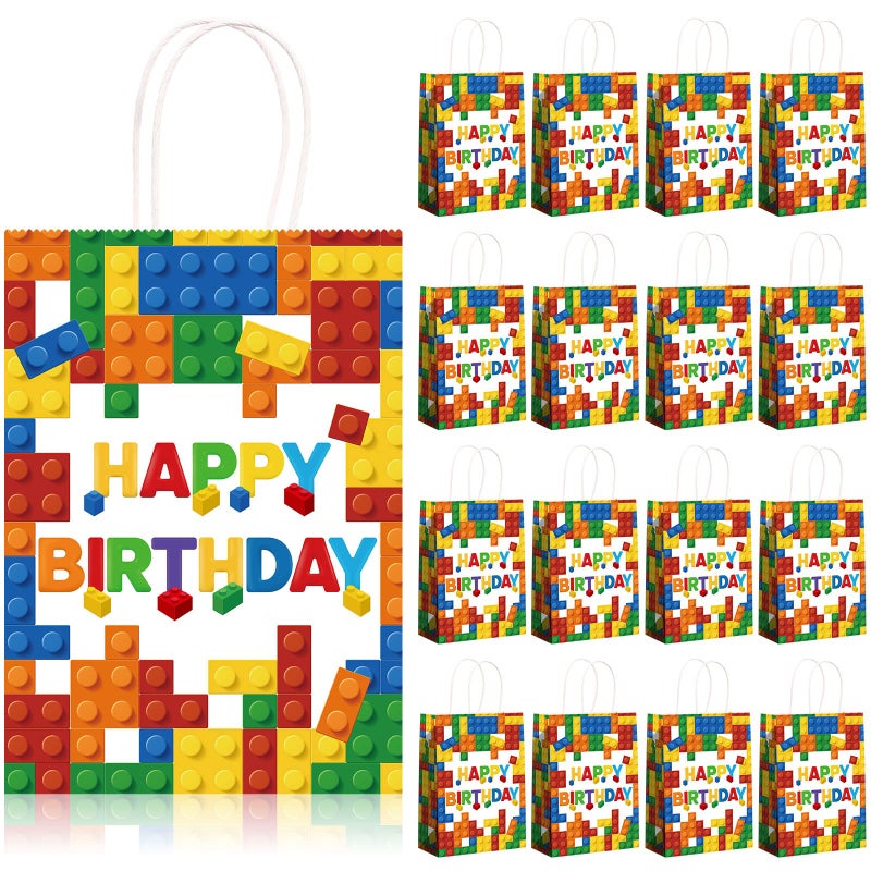 Marspark 16 Pcs Building Block Party Present Bags Color Bricks Theme Treat Kraft Paper Goodie Favor Bag with Handle for Birthday Baby Shower Building Block Party Supplies Decorations(White Background) - Image 1