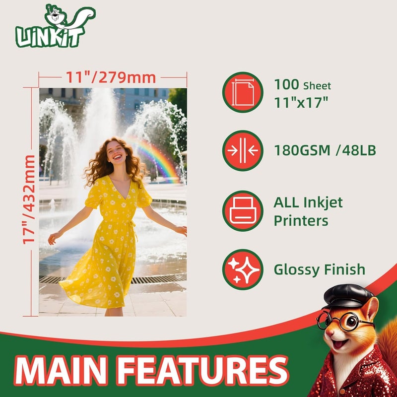 Uinkit Glossy Photo Paper 11x17 Inches 100 Sheets - Inkjet Printer Paper for Photos, Posters, Menus, Invitations - Vivid & Quick Drying Dye Ink Printers, No Curling, Smudge Proof - Image 2