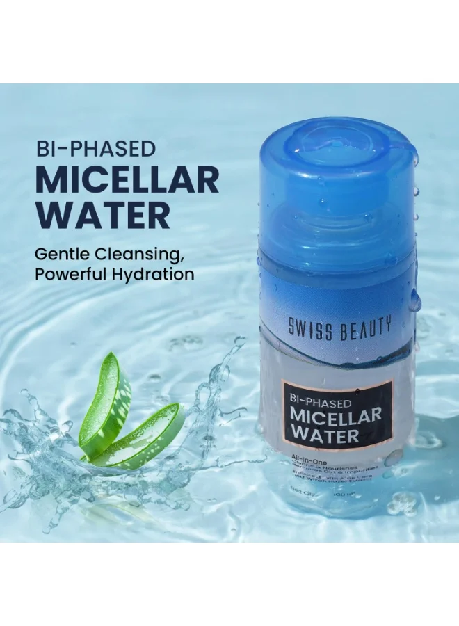 سويس بيوتي Swiss Beauty Bi-Phased Micellar Face Cleansing Water | Removes dirt, impurities and waterproof makeup | With Aloe vera and Witch Hazel | 100 ml