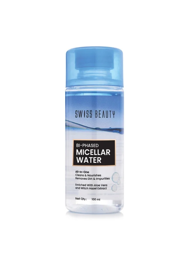 سويس بيوتي Swiss Beauty Bi-Phased Micellar Face Cleansing Water | Removes dirt, impurities and waterproof makeup | With Aloe vera and Witch Hazel | 100 ml