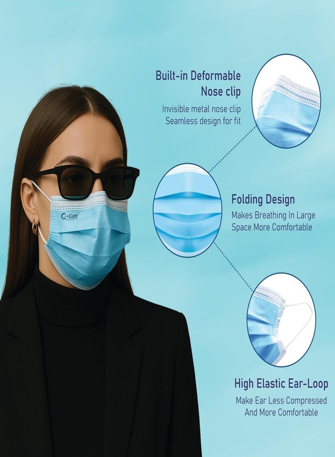 C-Cure® Meltblown - SMMS Fabric 3 Ply Disposable Face Mask Pack of 200 with Aluminium Nose Clip | IIR UltraSoft Ear Loop Mask for Dust Protection | Blue - Image 4