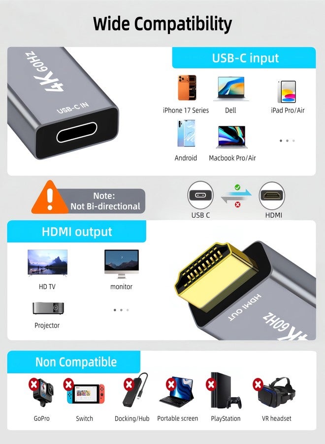محول من منفذ USB-C أنثى إلى منفذ HDMI ذكر مع كابل فيديو USB بطول 1.0 متر، يدعم دقة 4K بمعدل 60 هرتز، محول من منفذ USB Type-C أحادي الاتجاه إلى منفذ HDMI 2.0، محول Thunderbolt 3/4 إلى HDMI لأجهزة iPhone 17 وMacBook وGalaxy - عبوة واحدة - Image 2