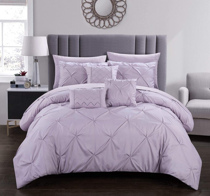HANNAH 10 PIECE COMFORTER SET COMPLETE BED IN A BAG PINCH PLEATED RUFFLED PINTUCK BEDDING WITH SHEET SET AND DECORATIVE PILLOWS SHAMS INCLUDED QUEEN LAVENDER