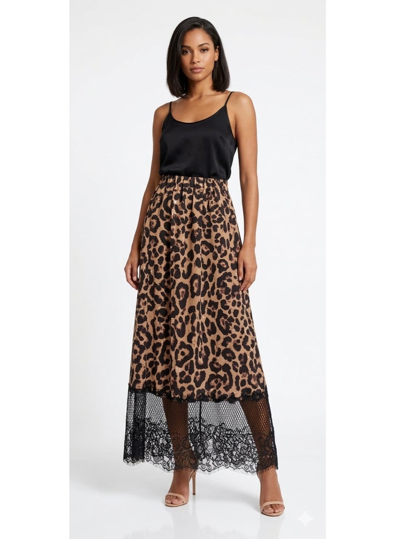Women leopard lace skirt maxi length