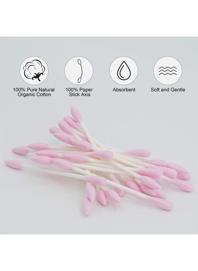 HOMEFOX - Pink Cotton Swabs Precision Pointed - 200 Count Pointy Organic Cotton Buds Double Side Tightly Wrapped Cotton Tips Paper Stick Soft Gentle Chlorine-Free Cruelty-Free, Pointy & Round (Pink) - Image 1