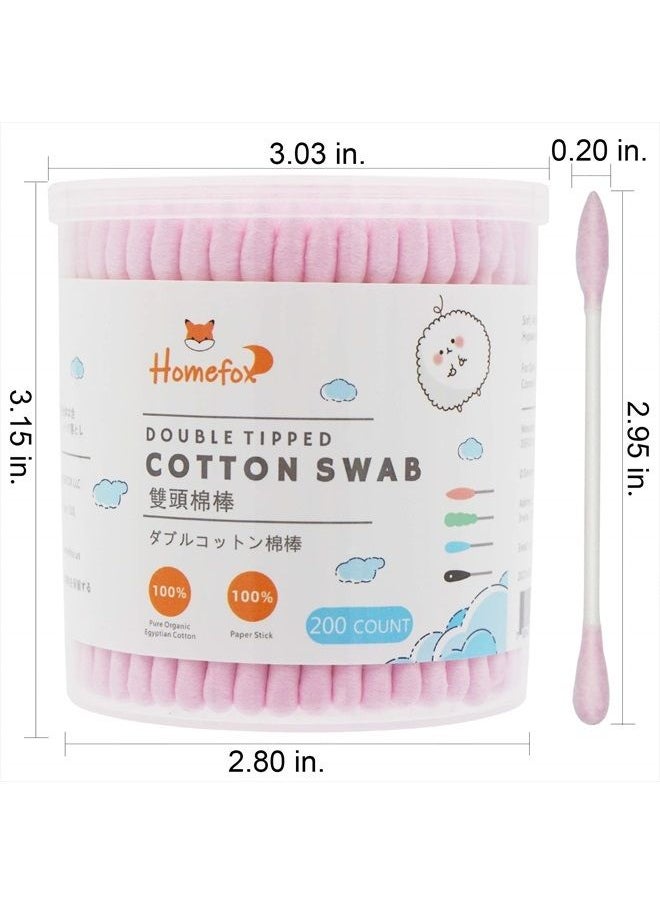 HOMEFOX - Pink Cotton Swabs Precision Pointed - 200 Count Pointy Organic Cotton Buds Double Side Tightly Wrapped Cotton Tips Paper Stick Soft Gentle Chlorine-Free Cruelty-Free, Pointy & Round (Pink) - Image 1
