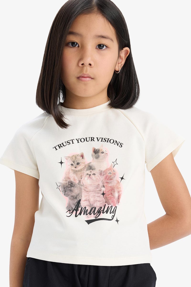 DeFacto Beige Baby Girl Fitted Crew Neck Anime Printed T Shirt Casual - Image 1