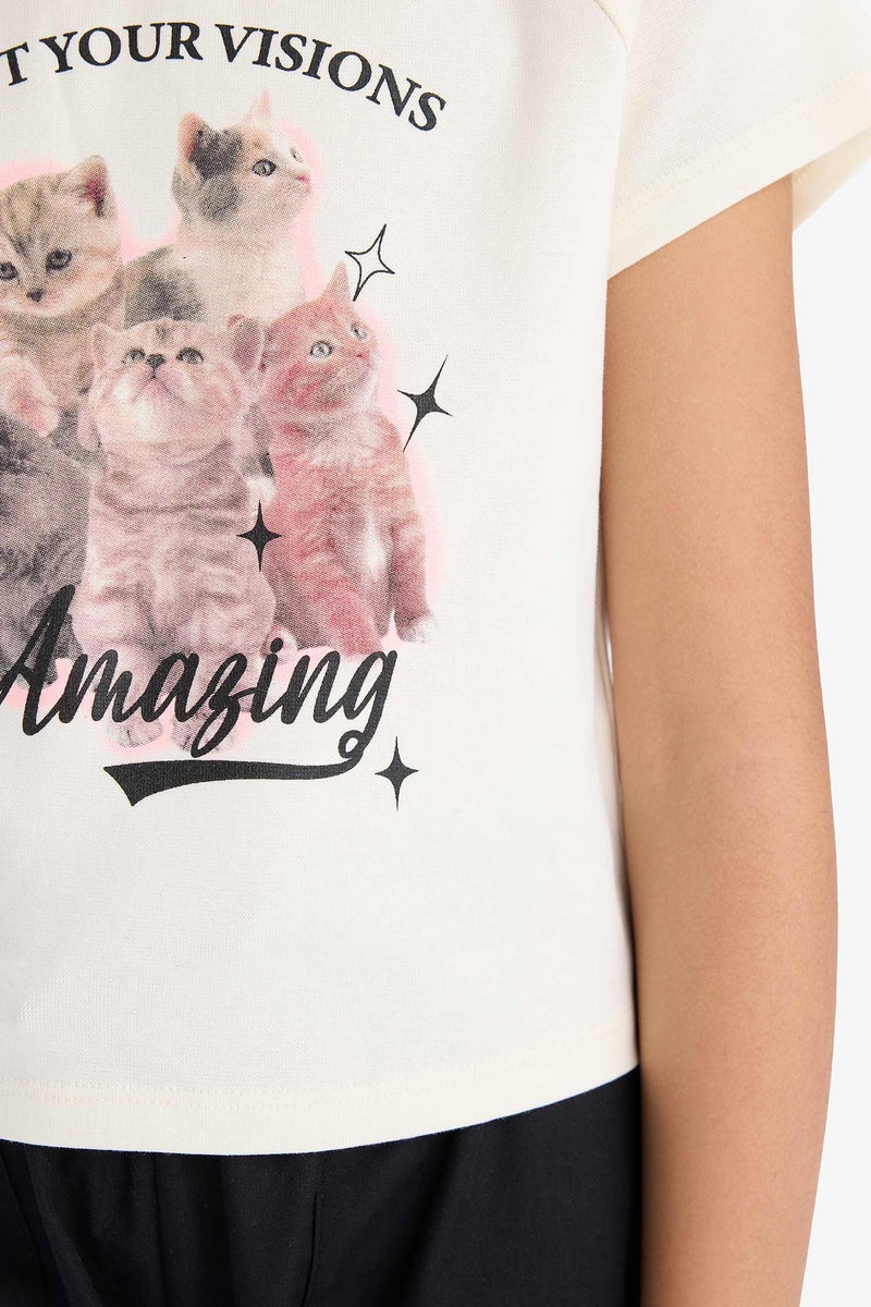 DeFacto Beige Girl Baby Girl Fitted Crew Neck Anime Printed T-Shirt Casual - Image 5