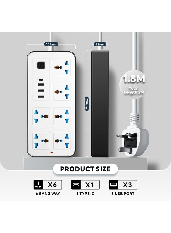 A38 3U 6 Power Socket Universal Electric Extension Cord With 1 Type-C Port 1.88 Meters Extenstion Power Cables For Home Kitchen And Office(White) - Image 2