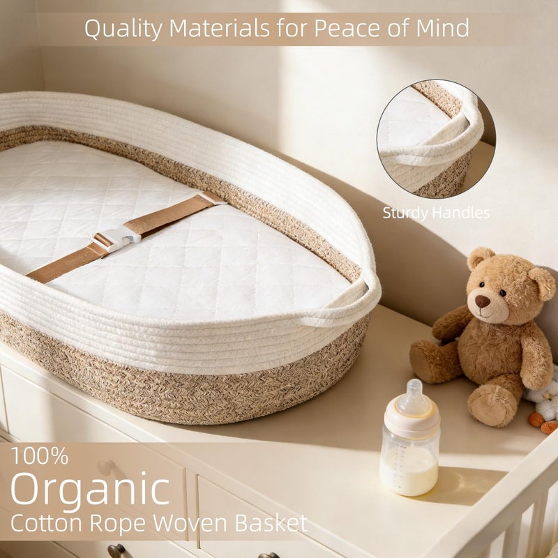 JVEOO Baby Changing Basket with Diaper Caddy Changing Pad, Breathable & Waterproof Dual-Cover Foldable Portable Travel Cotton Rope Baby Changing Mat for Dresser & Table - Image 3