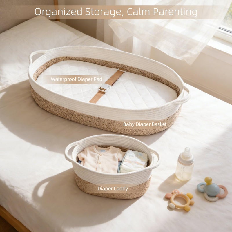 JVEOO Baby Changing Basket with Diaper Caddy Changing Pad, Breathable & Waterproof Dual-Cover Foldable Portable Travel Cotton Rope Baby Changing Mat for Dresser & Table - Image 5