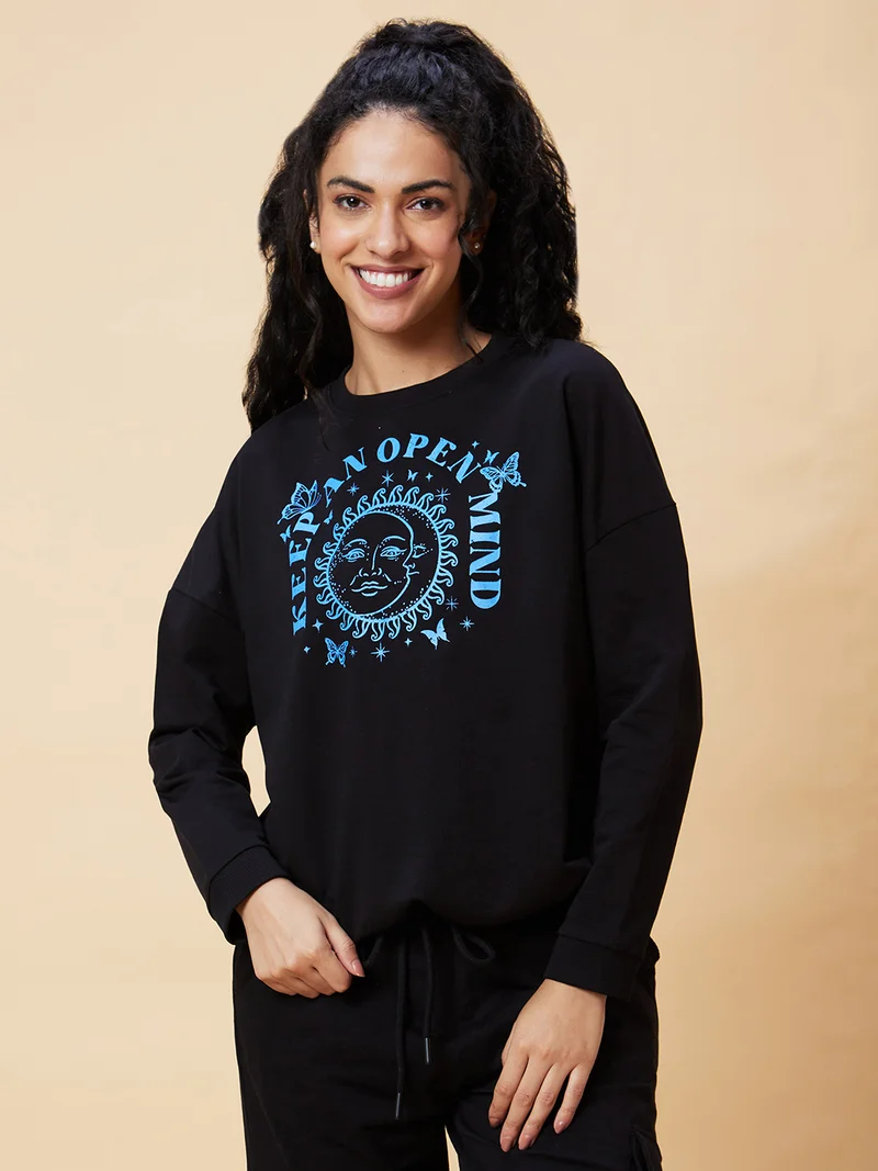 globus Globus Women Black Typography Printed Pure Cotton Pullover