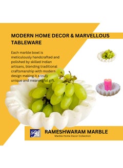 R&M RM Ruffled Marble Bowl | Jewellery Dish Holder Tray with Twisted Edges | Decorative Marble Fruit Bowl for Kitchen Counter, Pooja Room, Desk Table, Candle Holder, Housewarming Bowl | White  - Image 4