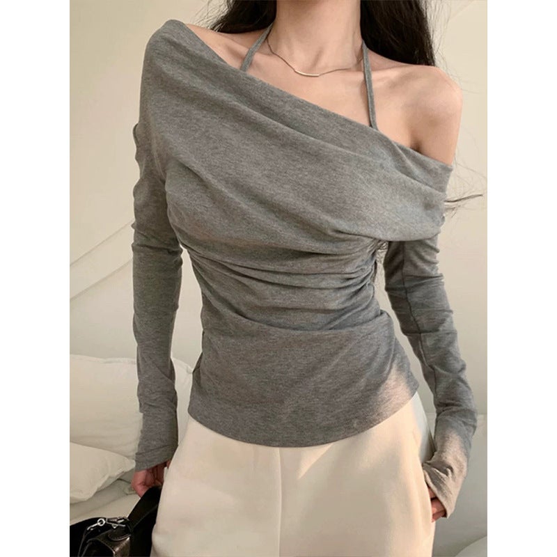 Pure Desire Atmosphere, Slanted Collar, Halterneck, Long-Sleeved T-Shirt For Women, Autum Design, Niche And Chic Off-Shoulder Top - Image 4