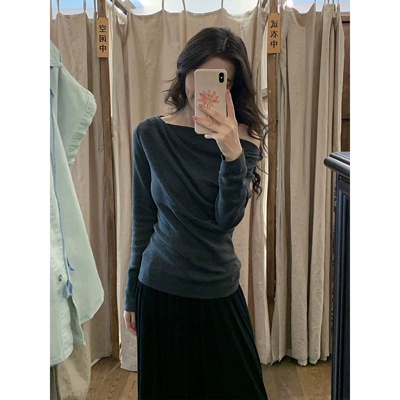 Pure Desire Atmosphere, Slanted Collar, Halterneck, Long-Sleeved T-Shirt For Women, Autum Design, Niche And Chic Off-Shoulder Top - Image 3