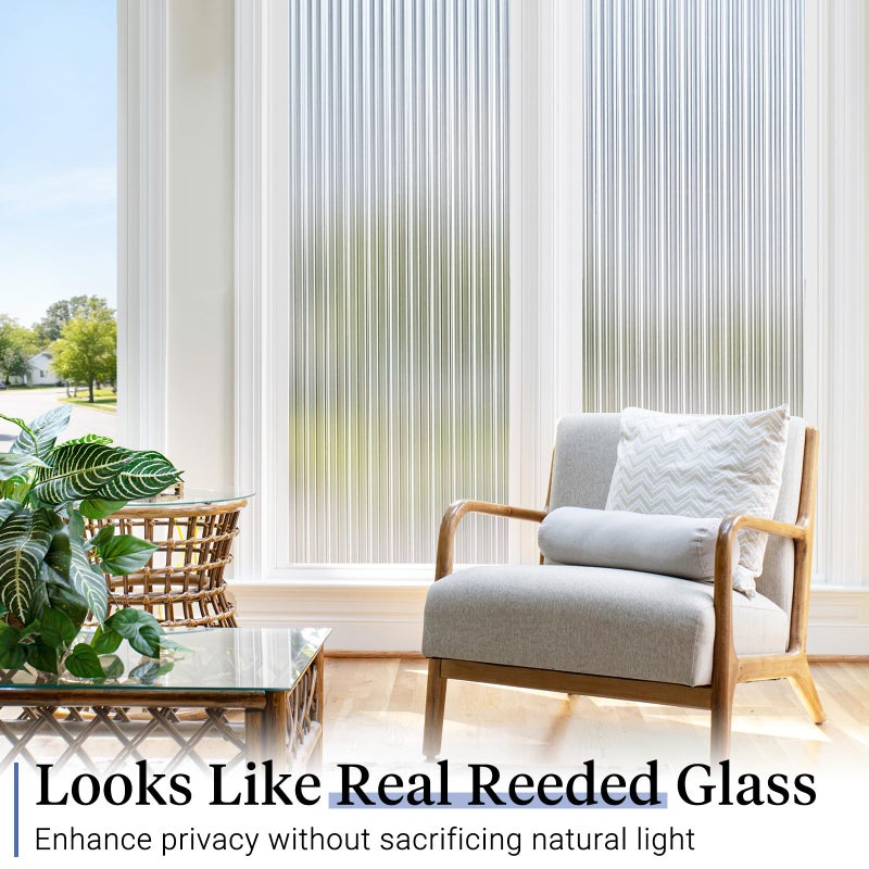 Haton Reeded Glass Window Privacy Film, Static Cling Non-Adhesive Frosted Film, UV Blocking Heat Control Removable Window Sticker for Bathroom Door Home Office, 17.5" x 78.7" - Image 2