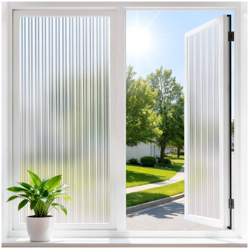 Haton Reeded Glass Window Privacy Film, Static Cling Non-Adhesive Frosted Film, UV Blocking Heat Control Removable Window Sticker for Bathroom Door Home Office, 17.5" x 78.7" - Image 1