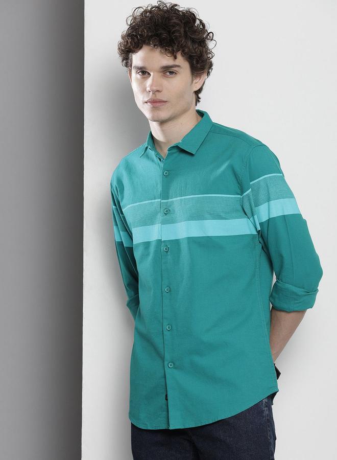 The Indian Garage Co Men Green Striped Regular Fit Shirt - Image 1