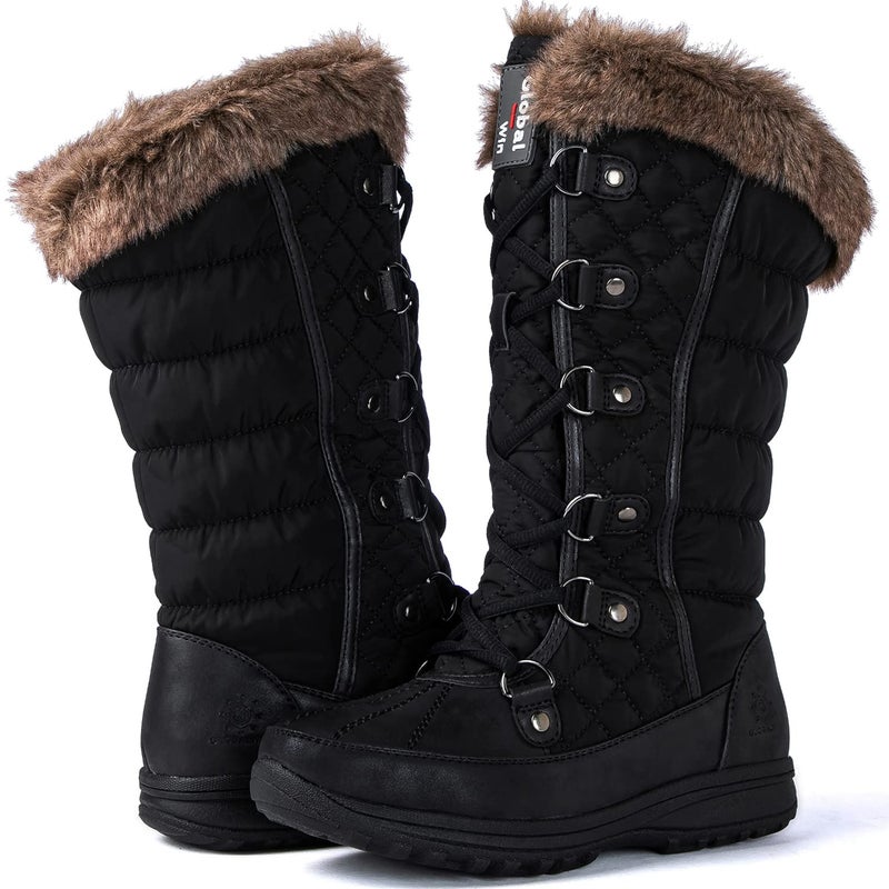 GLOBALWIN Women's Snow Boots Waterproof Mid-Calf Winter Boots For Women With Warm Fleece Lining and Stylish Faux Fur Collar â€“ Non-Slip Insulated Outdoor Shoes Black Fur Boots Size 8M - Image 1