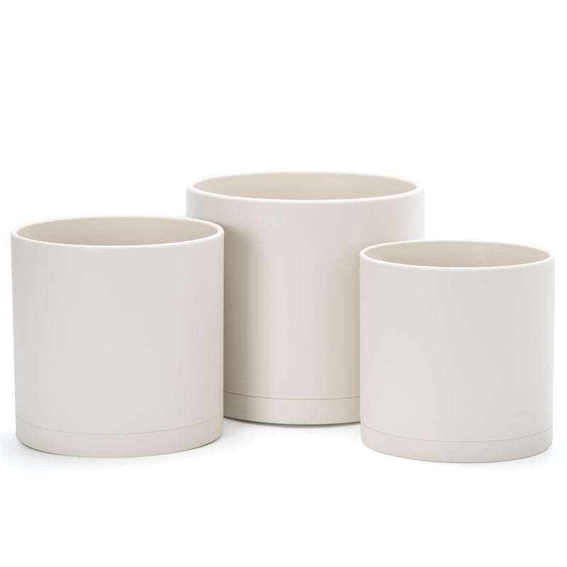 D'vine Dev 6 Inch 6.5 Inch 8 Inch, Set of 3 Plastic Planter Pots for Plants with Drainage Hole and Seamless Saucers, Oatmeal, Medium, 74-V-H-3 - Image 1