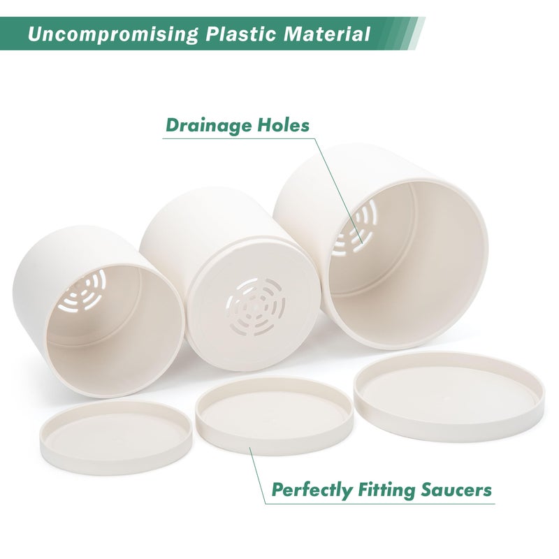 D'vine Dev 6 Inch 6.5 Inch 8 Inch, Set of 3 Plastic Planter Pots for Plants with Drainage Hole and Seamless Saucers, Oatmeal, Medium, 74-V-H-3 - Image 4