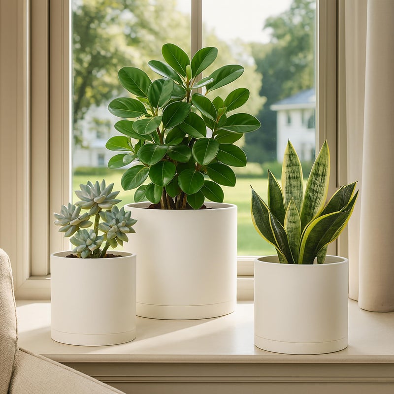 D'vine Dev 6 Inch 6.5 Inch 8 Inch, Set of 3 Plastic Planter Pots for Plants with Drainage Hole and Seamless Saucers, Oatmeal, Medium, 74-V-H-3 - Image 5
