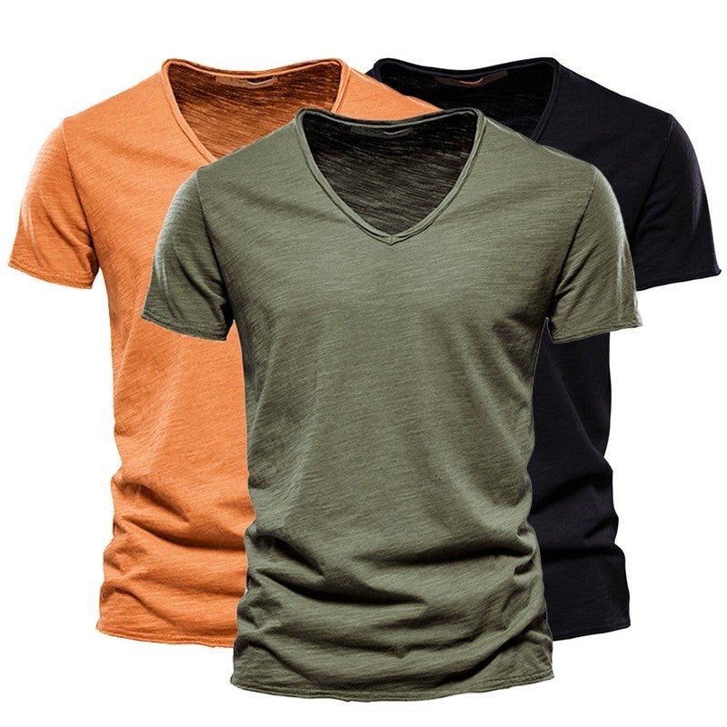 2 حزمة الرجال اللون الصلب Slub القطن V-Neck قصيرة الأكمام تي شيرتز، القطن النقي والأسلوب ملابس الرجال، نفس الأسلوب العلامة التجارية العصرية، رطوبة-Wicking والعرق-Wicking - Image 1