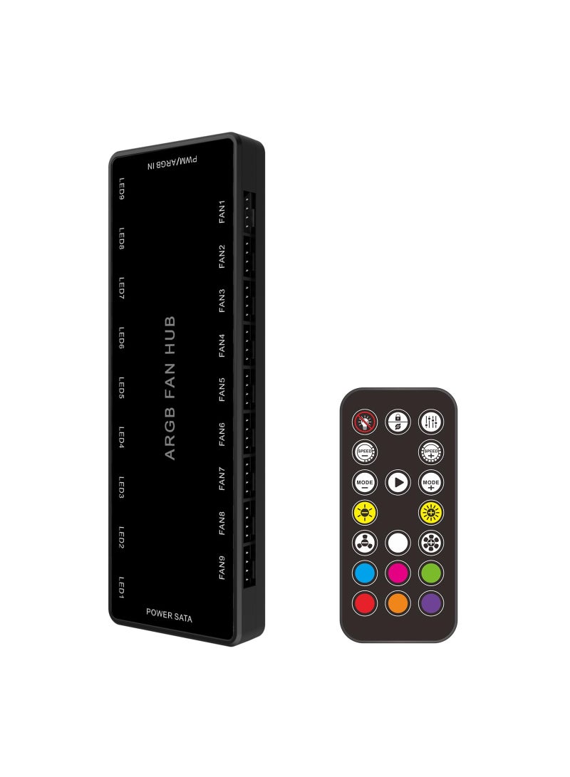 ARGB Fan HUB Controller with Remote Control, PWM Fan Hub Support 9 Groups of Fans for Addressable 5V 3Pin ARGB  12V 4Pin PWM, 2-in-1 RGB Case Fan Hub with Hidden Magnetic Base and SATA Power - Image 1