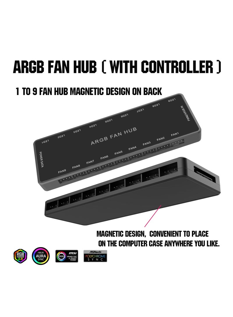 ARGB Fan HUB Controller with Remote Control, PWM Fan Hub Support 9 Groups of Fans for Addressable 5V 3Pin ARGB  12V 4Pin PWM, 2-in-1 RGB Case Fan Hub with Hidden Magnetic Base and SATA Power - Image 4