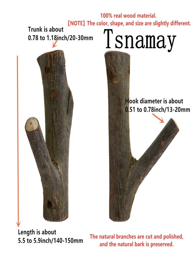 Tsnamay 4Pcs Real Wood Tree Branch Wall Hook, Farmhouse Rustic Decorative Wooden with Bark Trunk Thickness 2cm-3cm with Screw - Image 2