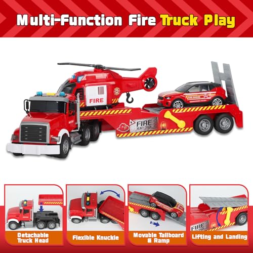 UFLJPKS Fire Rescue Semi Trailer Truck Toy Large Flatbed Truck Carrier with Rescue Vehicle and Helicopter Lights and Sounds Birthday for Kids Boys Age 3 4 5 6 - Image 5
