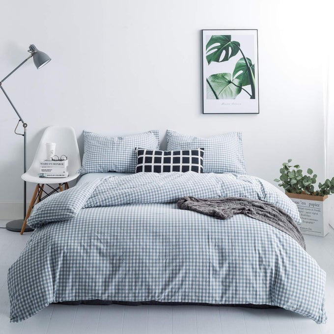 LIGHT BLUE GINGHAM DUVET COVER QUEEN 100 WASHED COTTON BLUE PLAID DUVET COVER SET 3 PIECES 1 BLUE GRID DUVET COVER WITH ZIPPER TIES 2 PILLOW CASES LUXURY GINGHAM PLAID BEDDING SET BREATHABLE