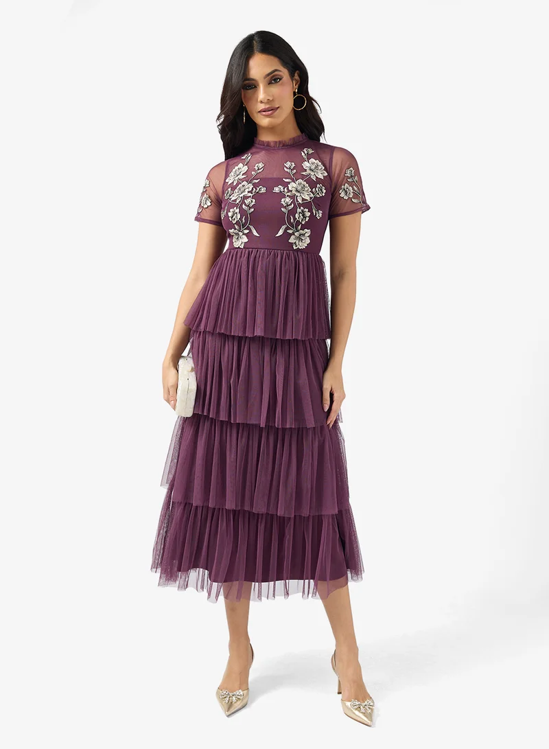 Maya Embroidered Tiered Short Sleeve Midi Dress