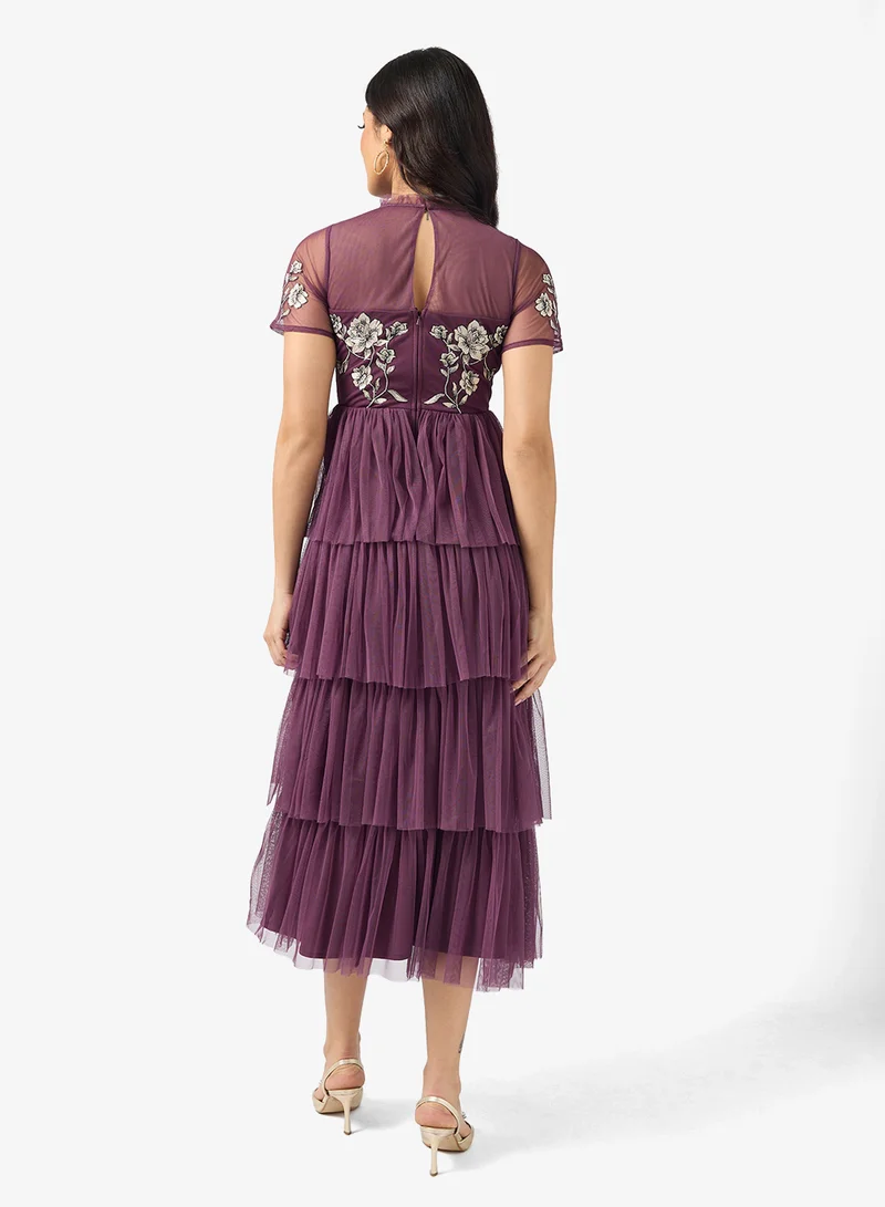 Maya Embroidered Tiered Short Sleeve Midi Dress