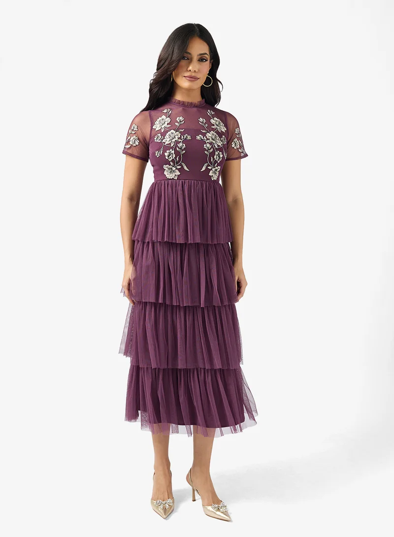 Maya Embroidered Tiered Short Sleeve Midi Dress